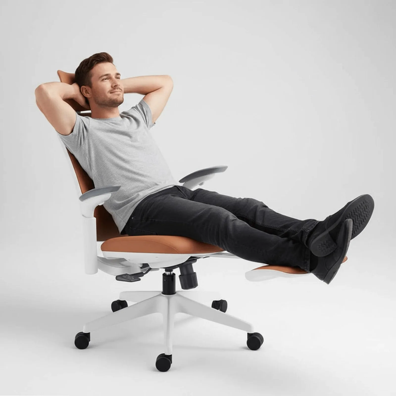 Person reclining in a brown Sunaofe Boss Pro ergonomic office chair